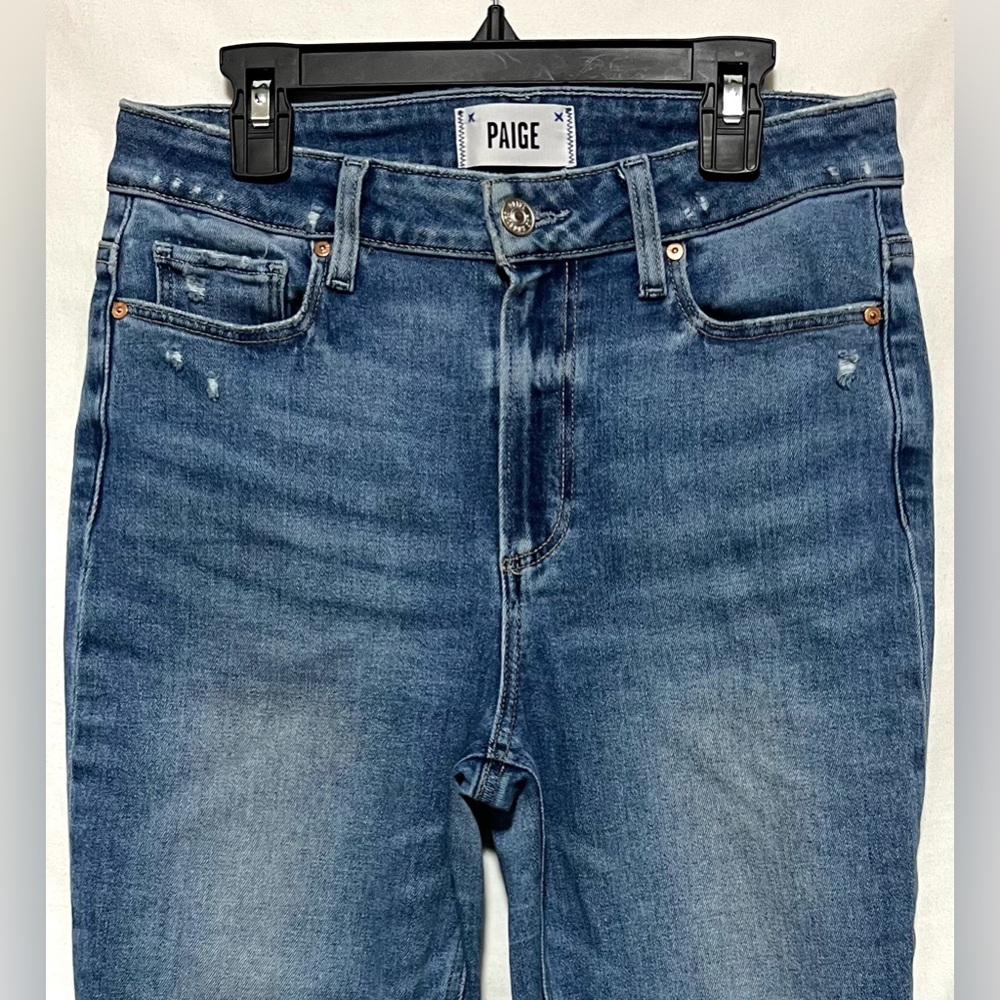 PAIGE Petite Cindy Crop Denim Straight Leg Jeans Medium Wash High Rise Classic - Picture 4 of 11